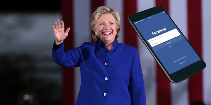 Hillary Clinton and a phone using the Facebook app.