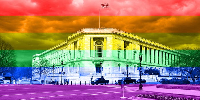 Senate building with LGBTQ color overlay