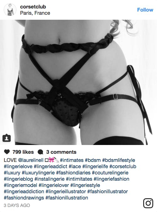 Screenshot of an instagram post showing a woman wearing BDSM bondage and lace underwear