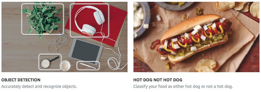 DeepLens projects, including Hot dog or Not hot dog
