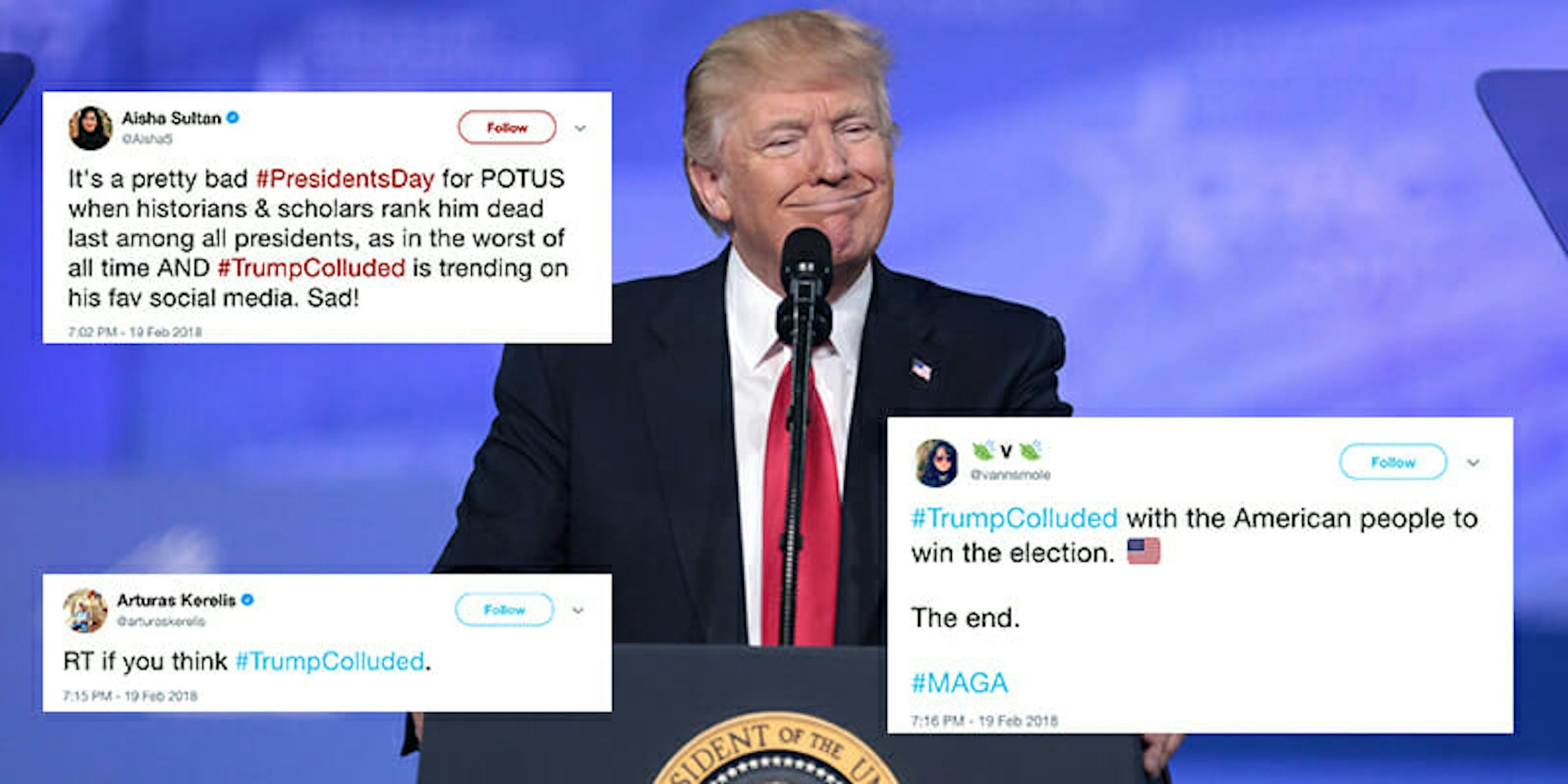 #TrumpColluded went viral on Twitter on Presidents Day.
