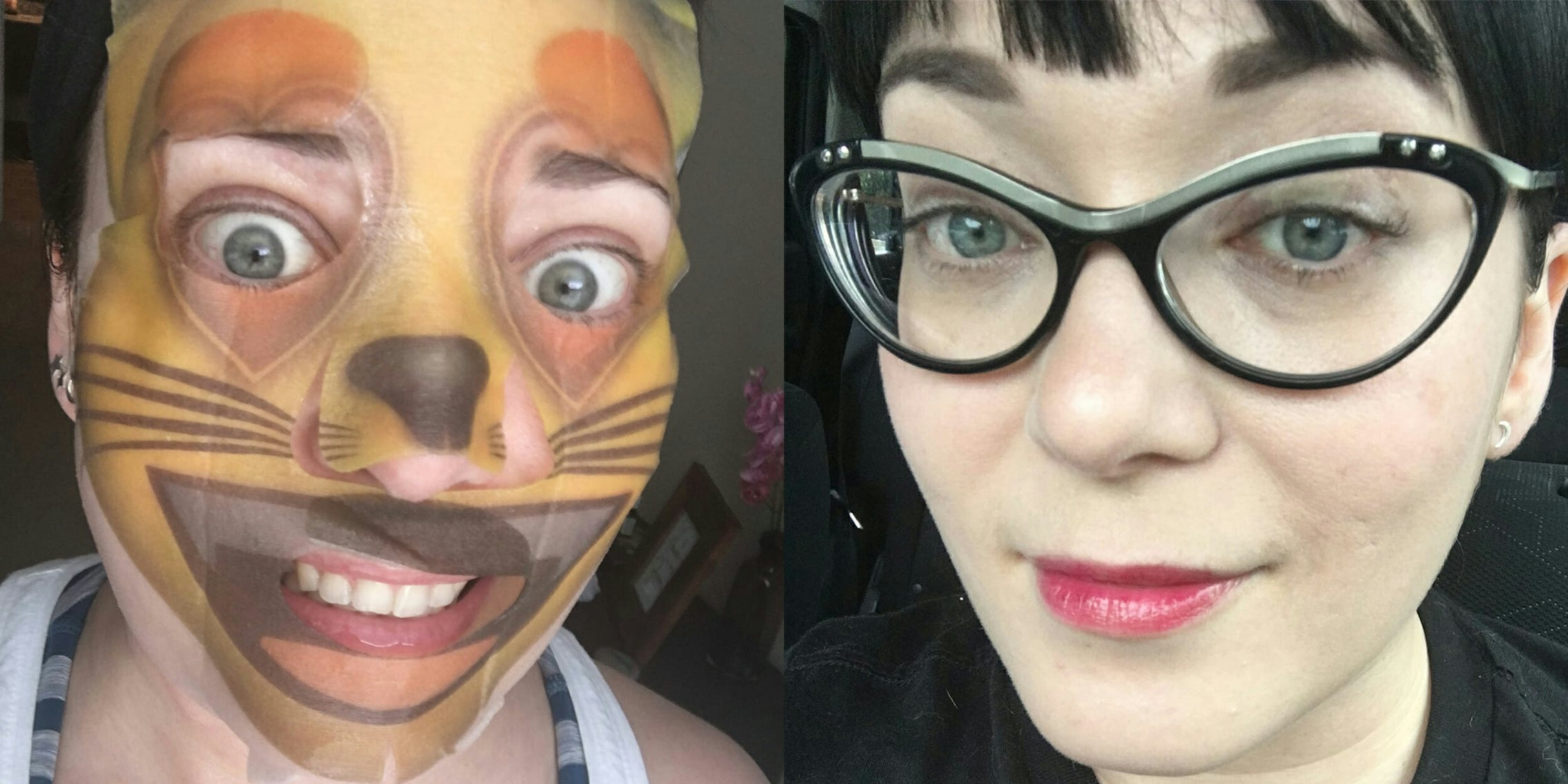 Woman wearing cat emoji facial mask before and after