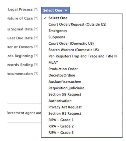 Screenshot from Facebook Law Enforcement Portal