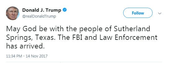 Donald Trump sent out a tweet on Tuesday night about the Sutherland Spring shooting last week. A separate mass shooting occured on Tuesday, and many believe he copy and pasted an old tweet and mistakenly put the wrong location.