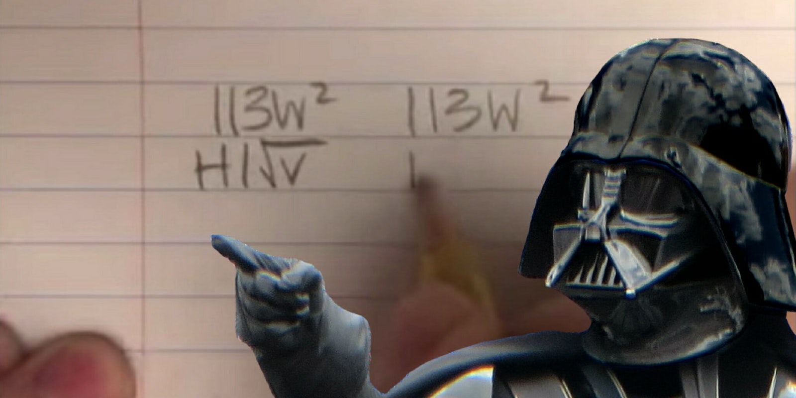 Teen Dani Ochoa 'plays' 'Star Wars's Imperial March theme song with a pencil and paper while Darth Vader looms over the drawing.