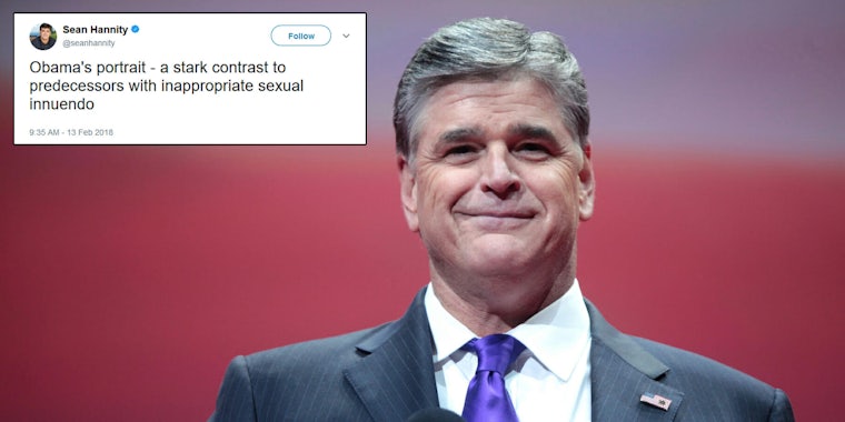 Fox News pundit Sean Hannity posted, then deleted, a tweet and blog post claiming there was 'secret sperm' in Obama's portrait released on Monday.