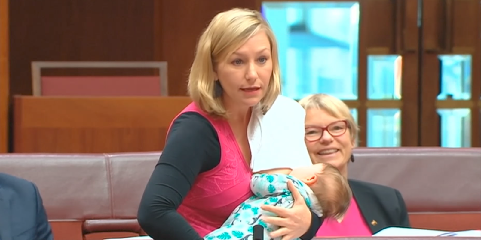 Australian senator Larissa Waters breastfeeding her baby Alia