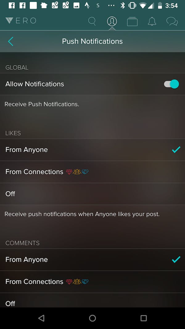 Vero notifications settings