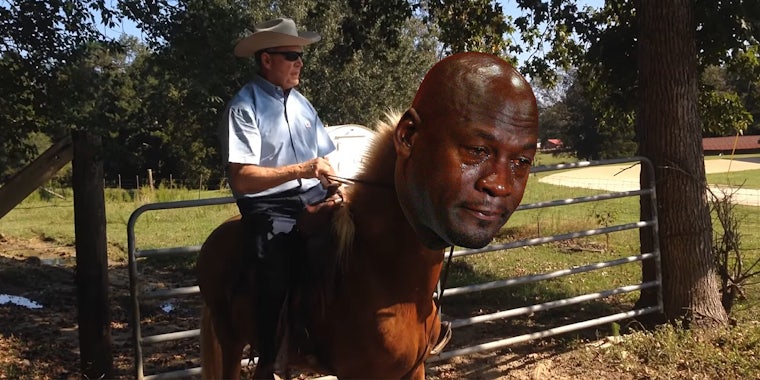 Roy Moore riding Sassy with Crying Jordan face