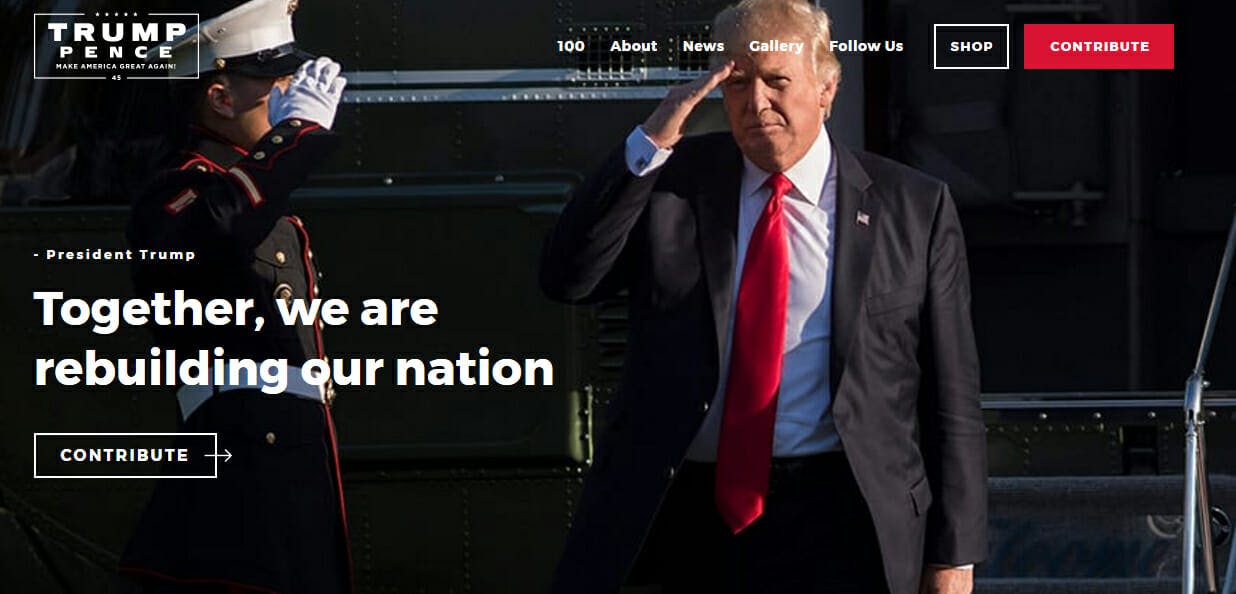The homepage of https://www.donaldjtrump.com/.