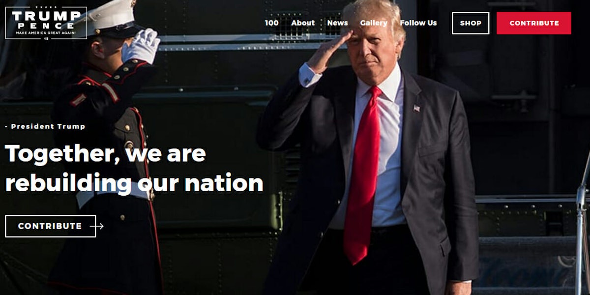 The homepage of https://www.donaldjtrump.com/.