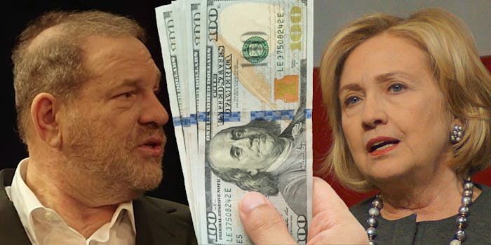 Harvey Weinstein and Hillary Clinton with stack of $100 bills between them