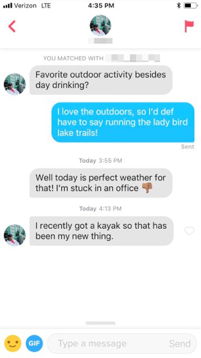 A Tinder conversation starting: Favorite outdoor activity besides day drinking?