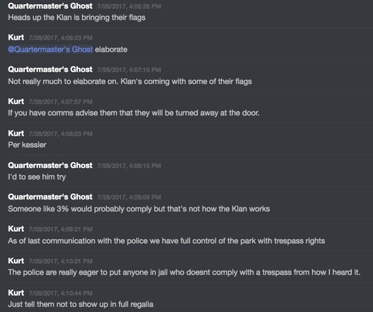 In a Discord chat, users noted that Klan members were welcome, but only if they didn’t show up in white hoods and robes.