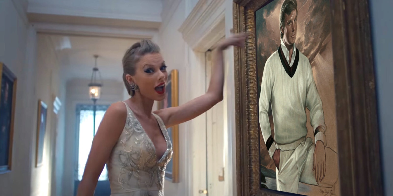 Taylor Swift pointing at painting of Donald Trump