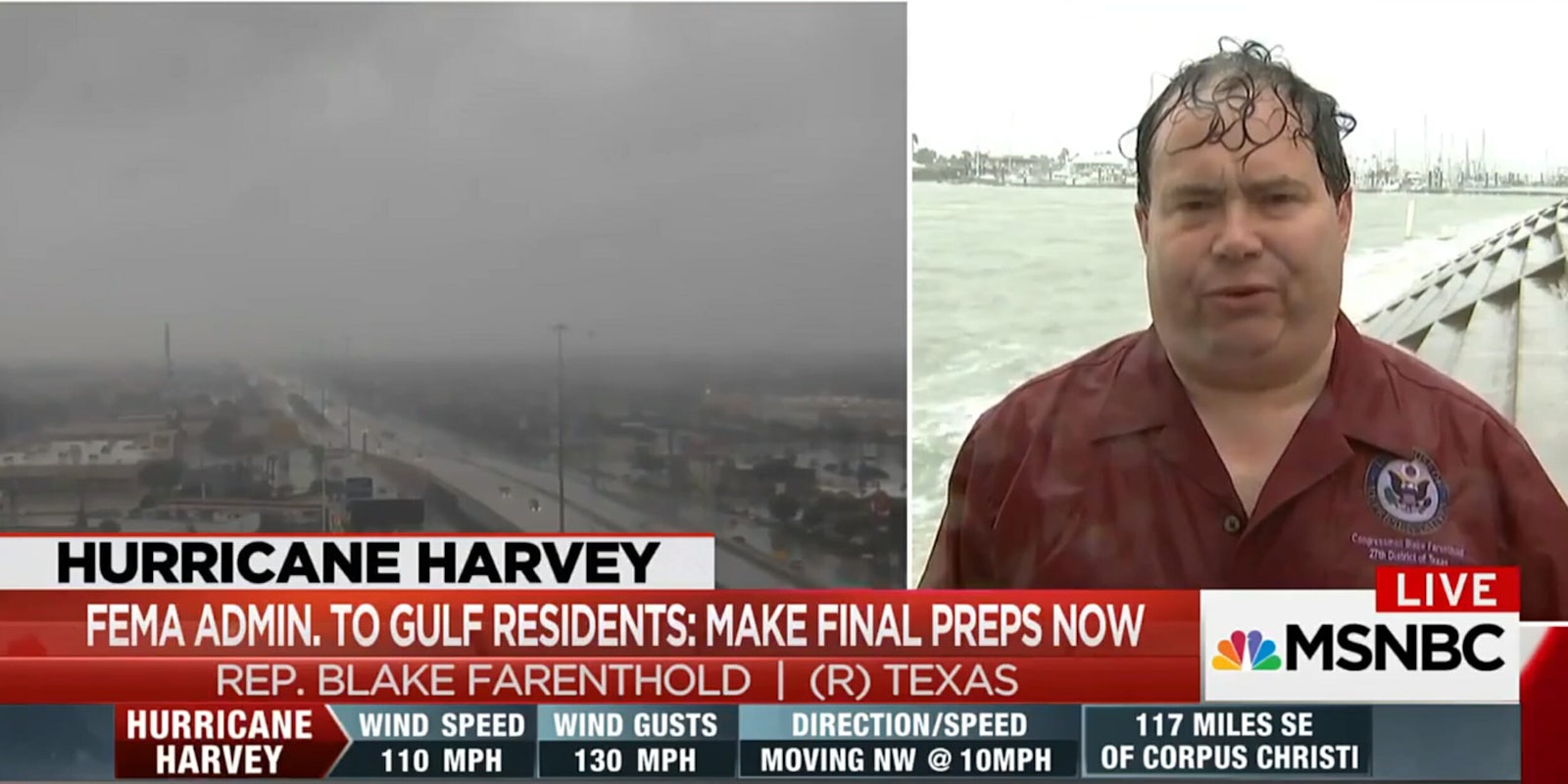 Rep. Blake Farenthold (R-Tx.) spoke about Hurricane Harvey and got completely soaked.