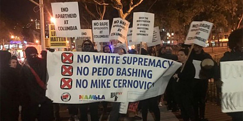 alleged members of antifa holding 'No White Supremacy, No Pedo Bashing, No Mike Cernovich' sign