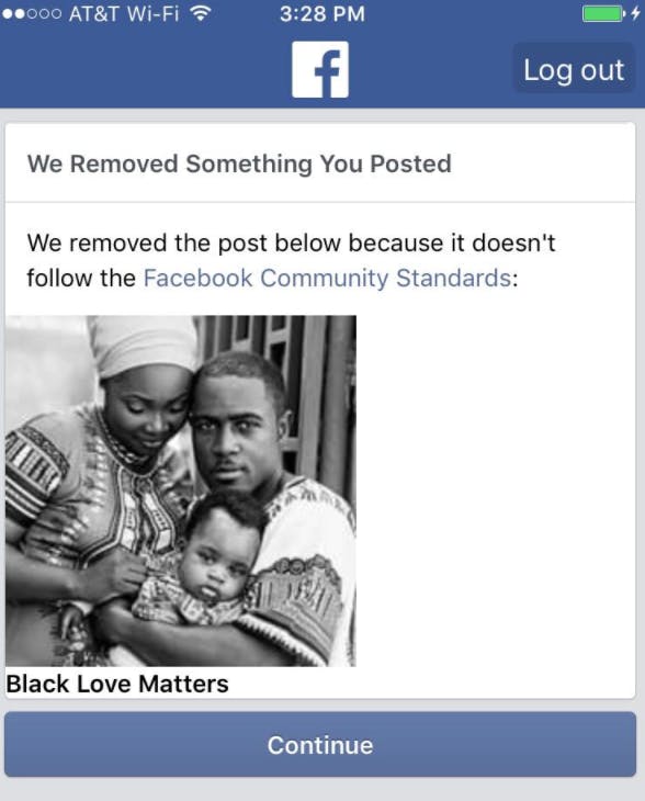 Facebook removed this post depicting a black family, saying the picture violated its “community standards.” The social network then permanently unpublished the entire Black Love Matters page.
