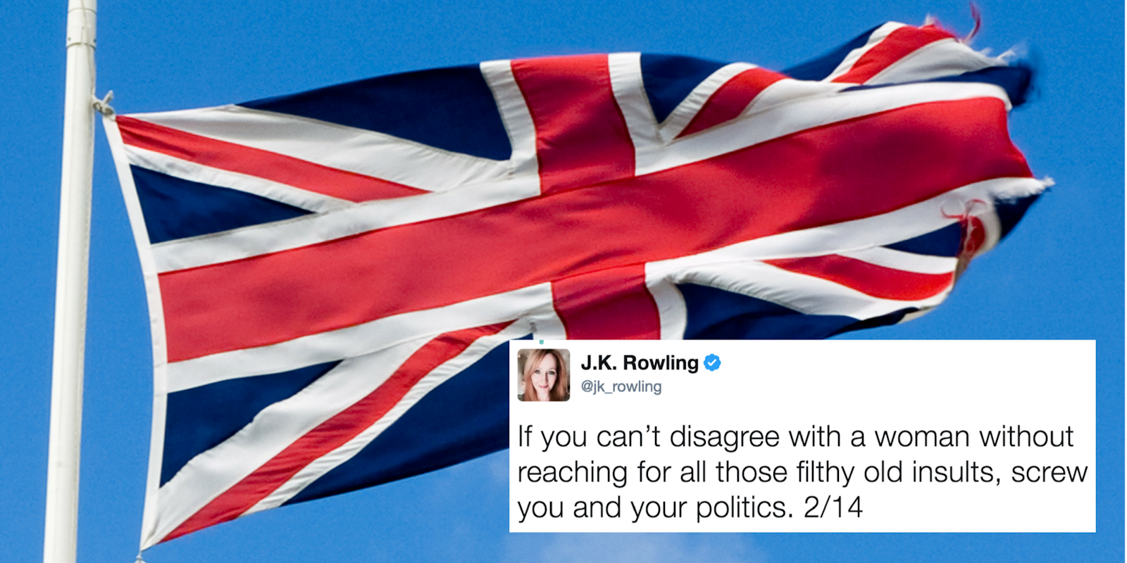 The UK flag with a tweet from J.K. Rowling superimposed