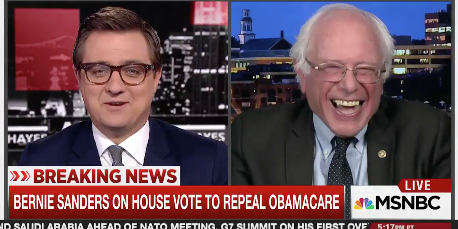 Bernie Sanders and Chris Hayes Laughing at Donald Trump