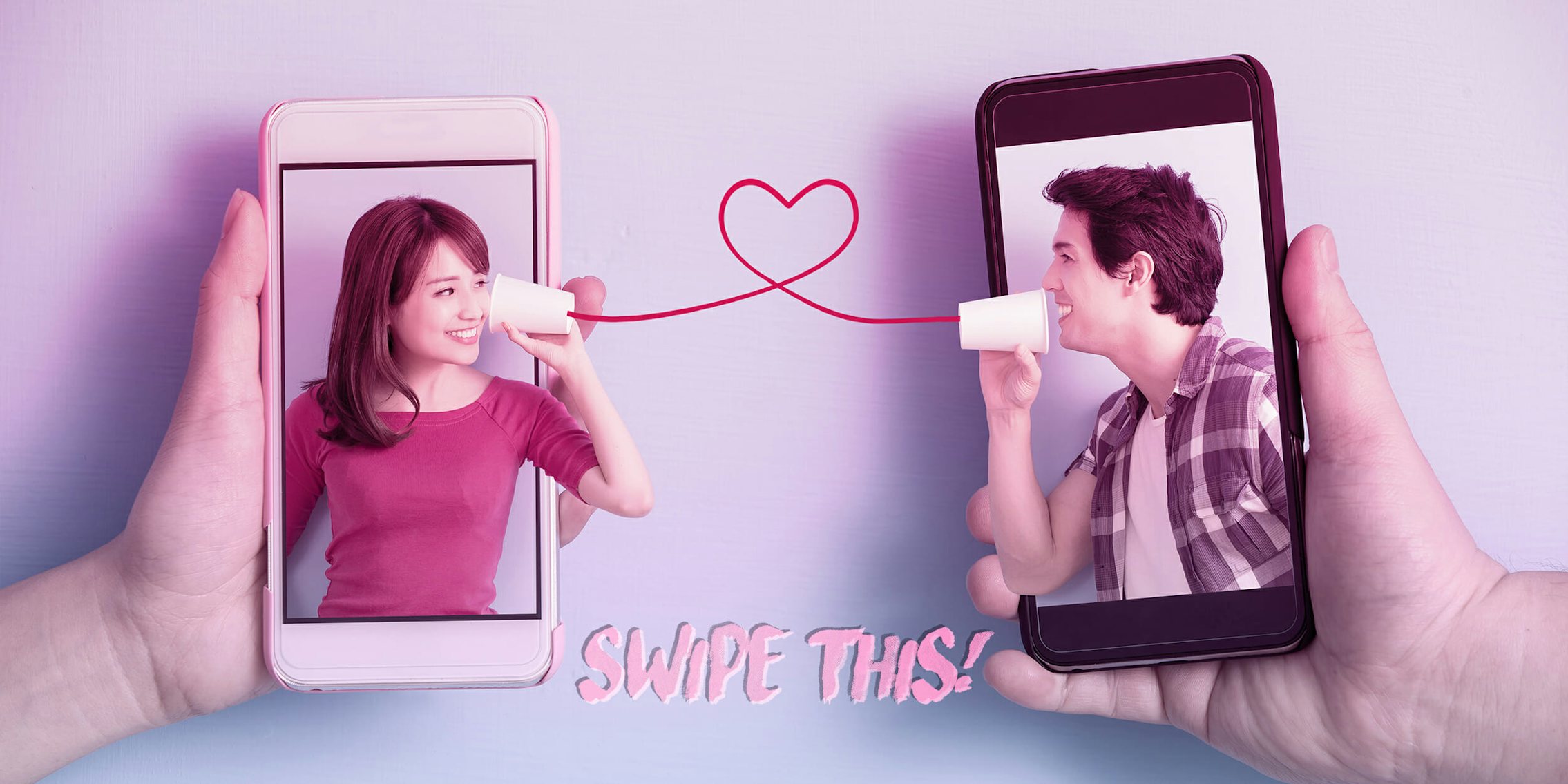 Couple talking to each other with cup and string with a heart in the middle, from one phone to another