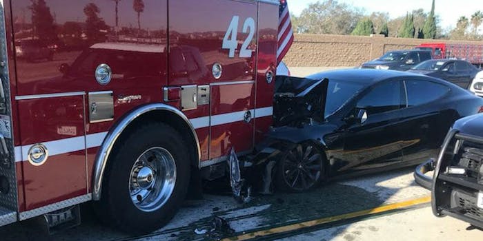 tesla model s accident wreck firetruck california