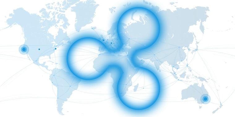 Ripple logo over worldwide transaction map