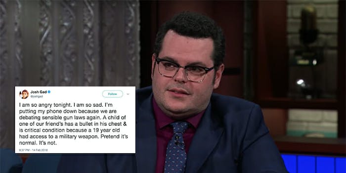Josh Gad tweeted Thursday to say he was grieving the loss of his friend's child who died in the high school shooting in Parkland, Florida.