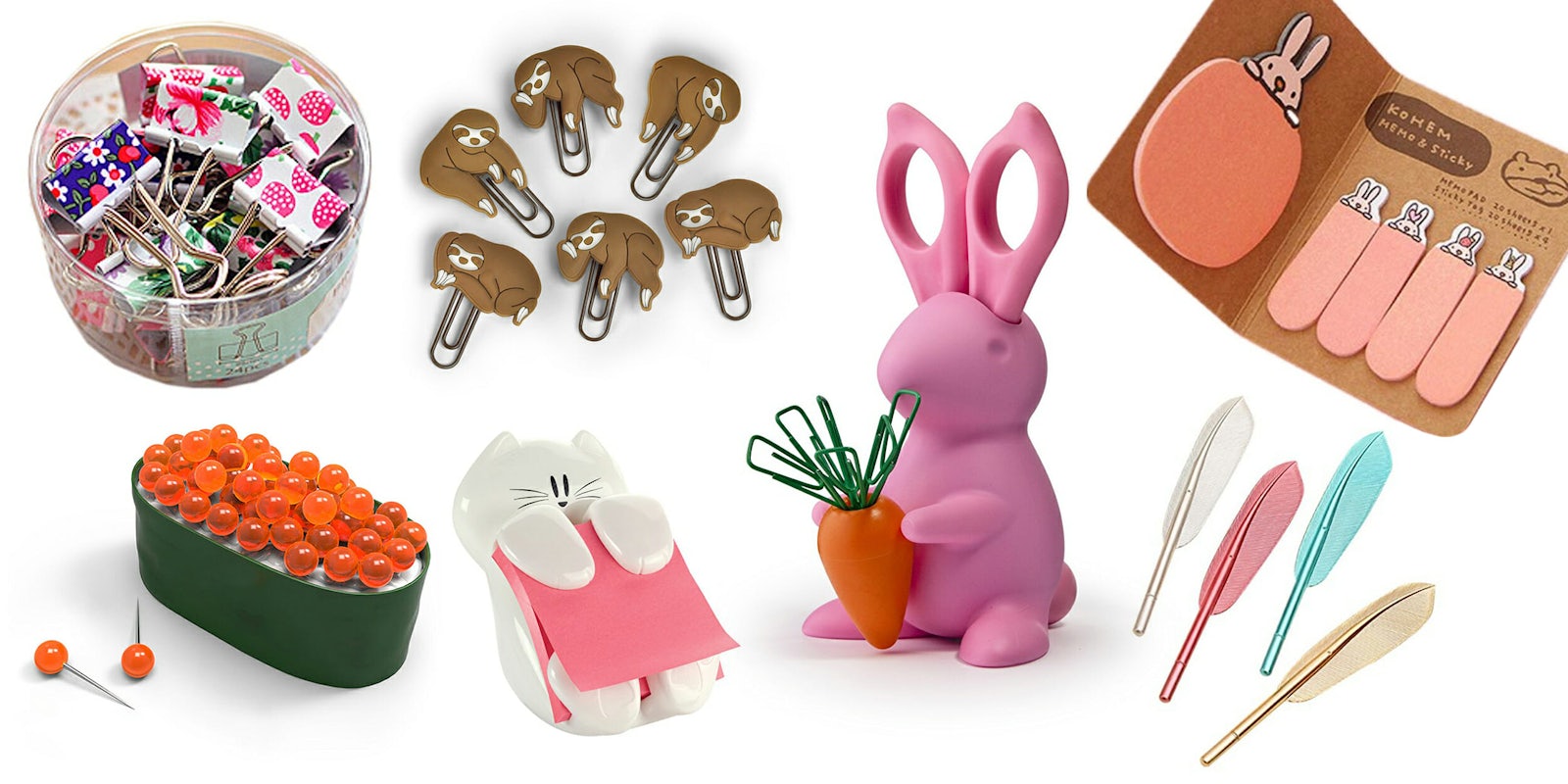 Sushi egg pushpins, cat sticky note dispenser, rabbit holding carrot paperclips, feather pens, sloth paperclips, and rabbit sticky notes.