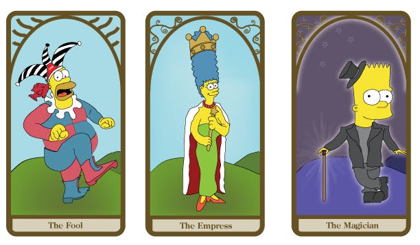 Detail from the Simpsons Tarot Deck by dustbean11, depicting the Simpsons family as cards of the Major Arcana tarot suite.