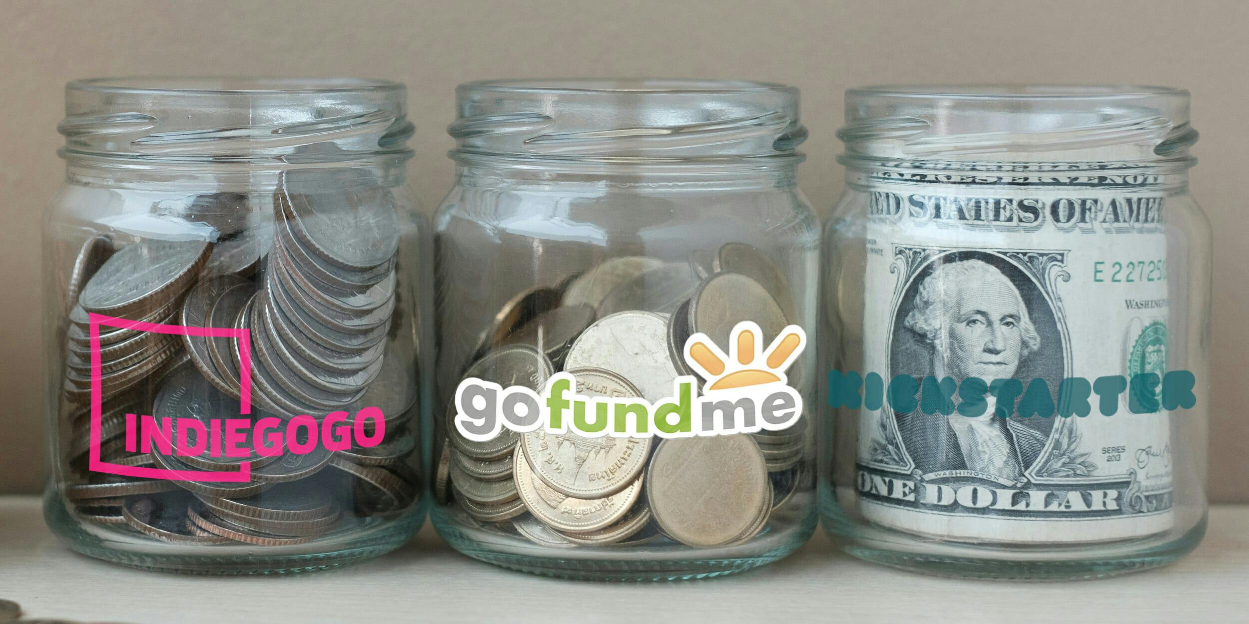 gofundme alternatives : Change jars labeled with Indiegogo, gofundme, and Kickstarter logos