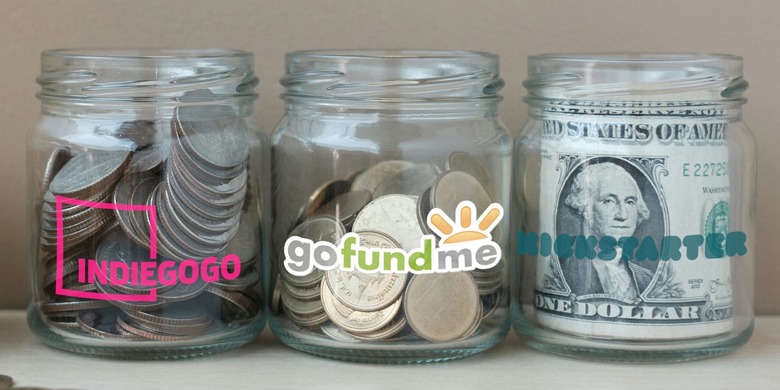 gofundme alternatives : Change jars labeled with Indiegogo, gofundme, and Kickstarter logos