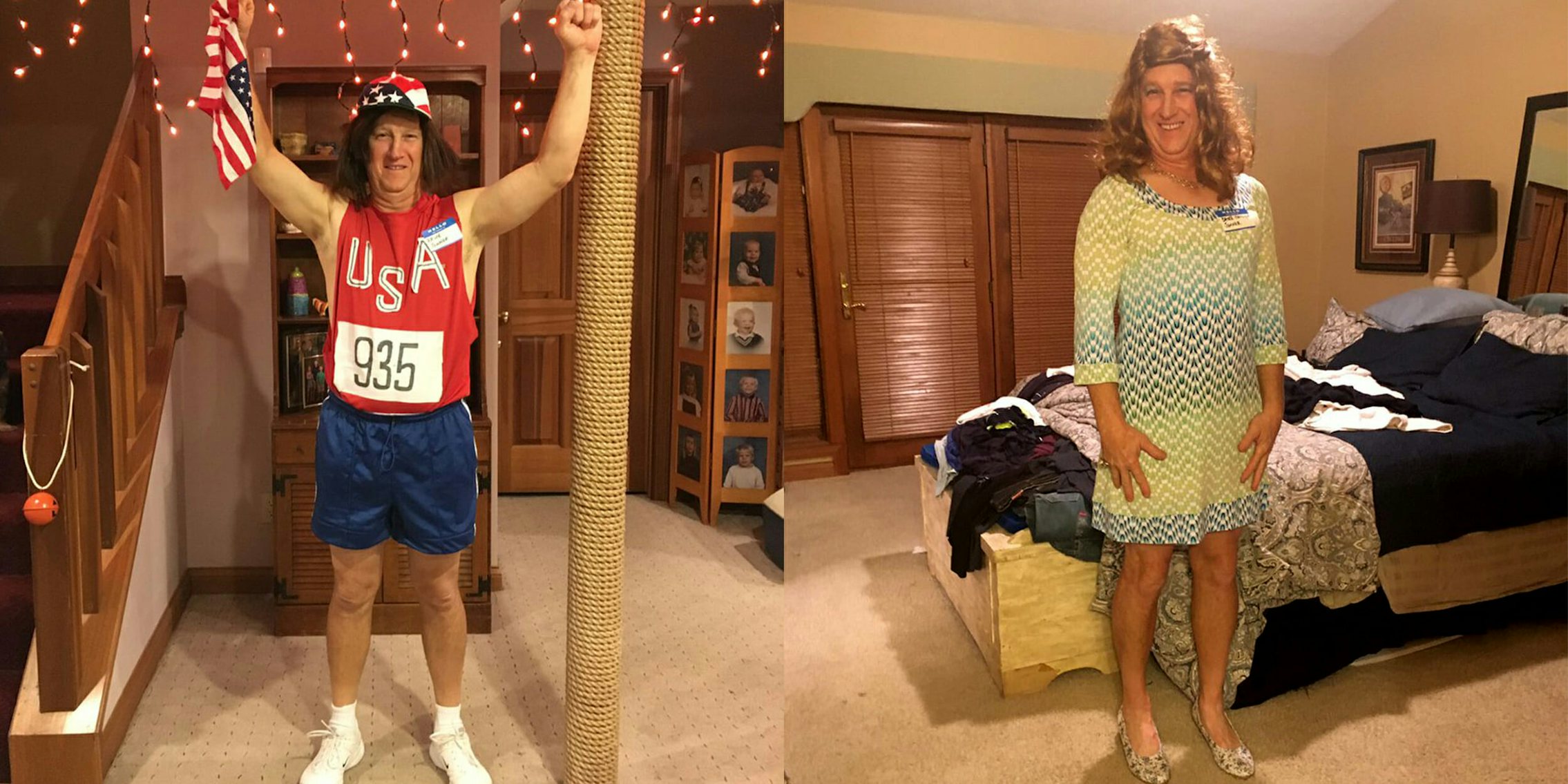Man dressed as Caitlyn Jenner pre and post-transition
