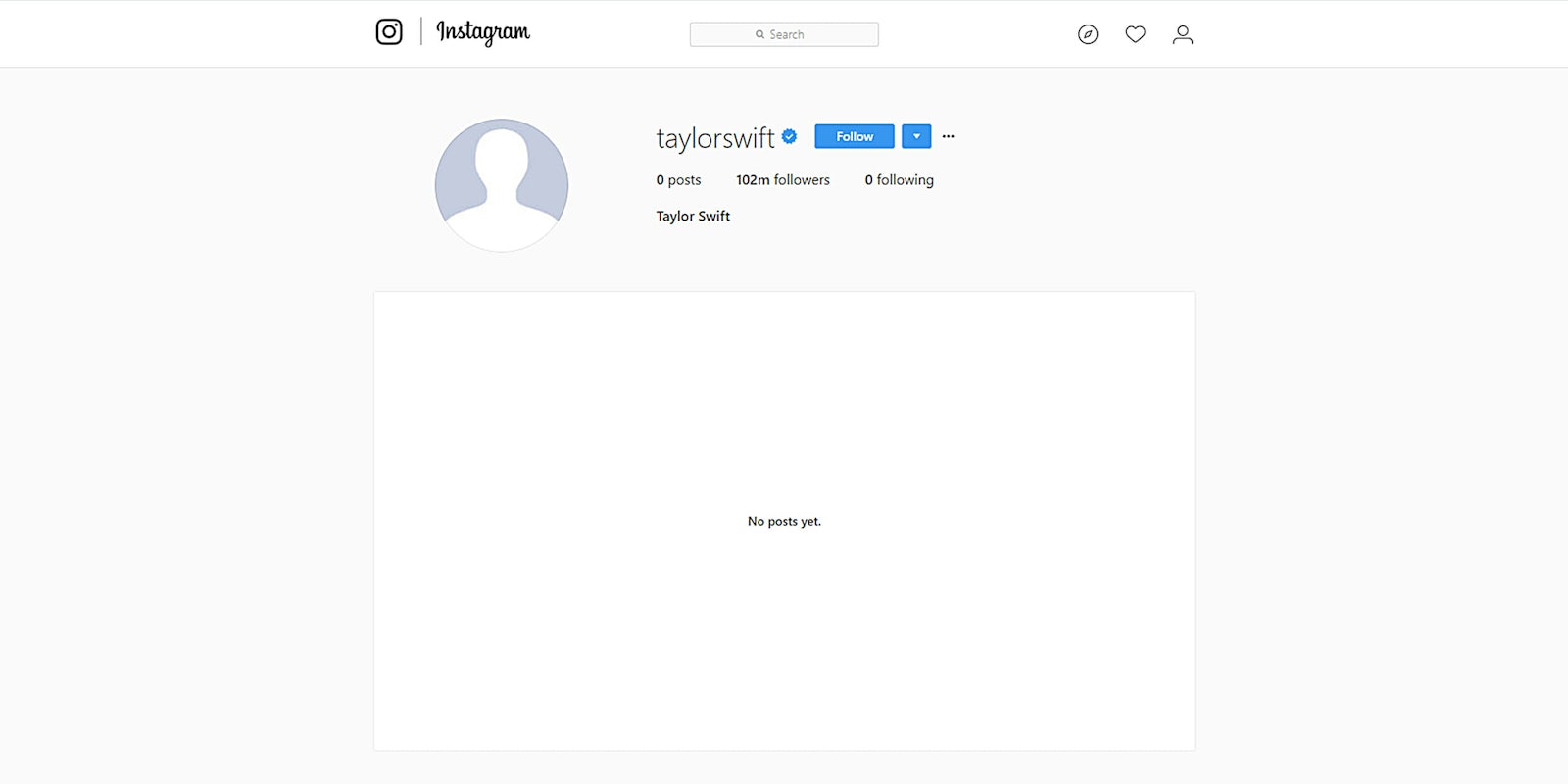 Taylor Swift Instagram with no posts and no icon