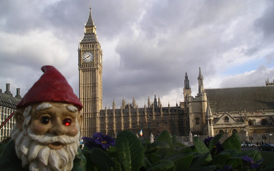 A pilfered gnome enjoying the sights in London.