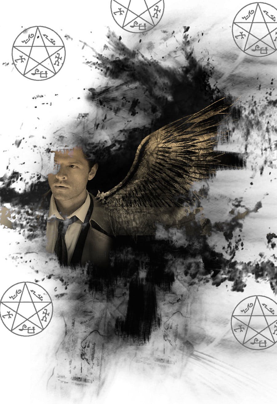 Tarot deck based on the TV show Supernatural featuring the angel Castiel as the 5 of Pentacles