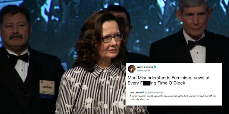 Gina Haspel, Donald Trump's pick for CIA Director, and a tweet about how her being the first woman in the position is not a feminist achievement.