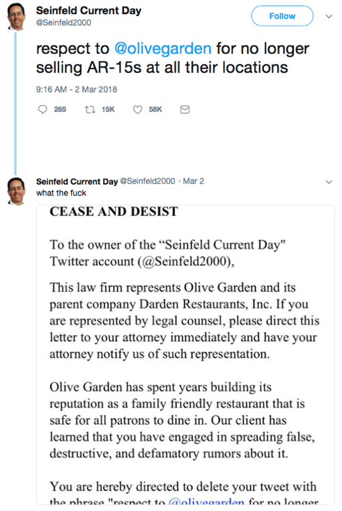 respect to @olivegarden for no longer selling AR-15s at all their locations [next tweet is a cease and desist letter from olive garden]