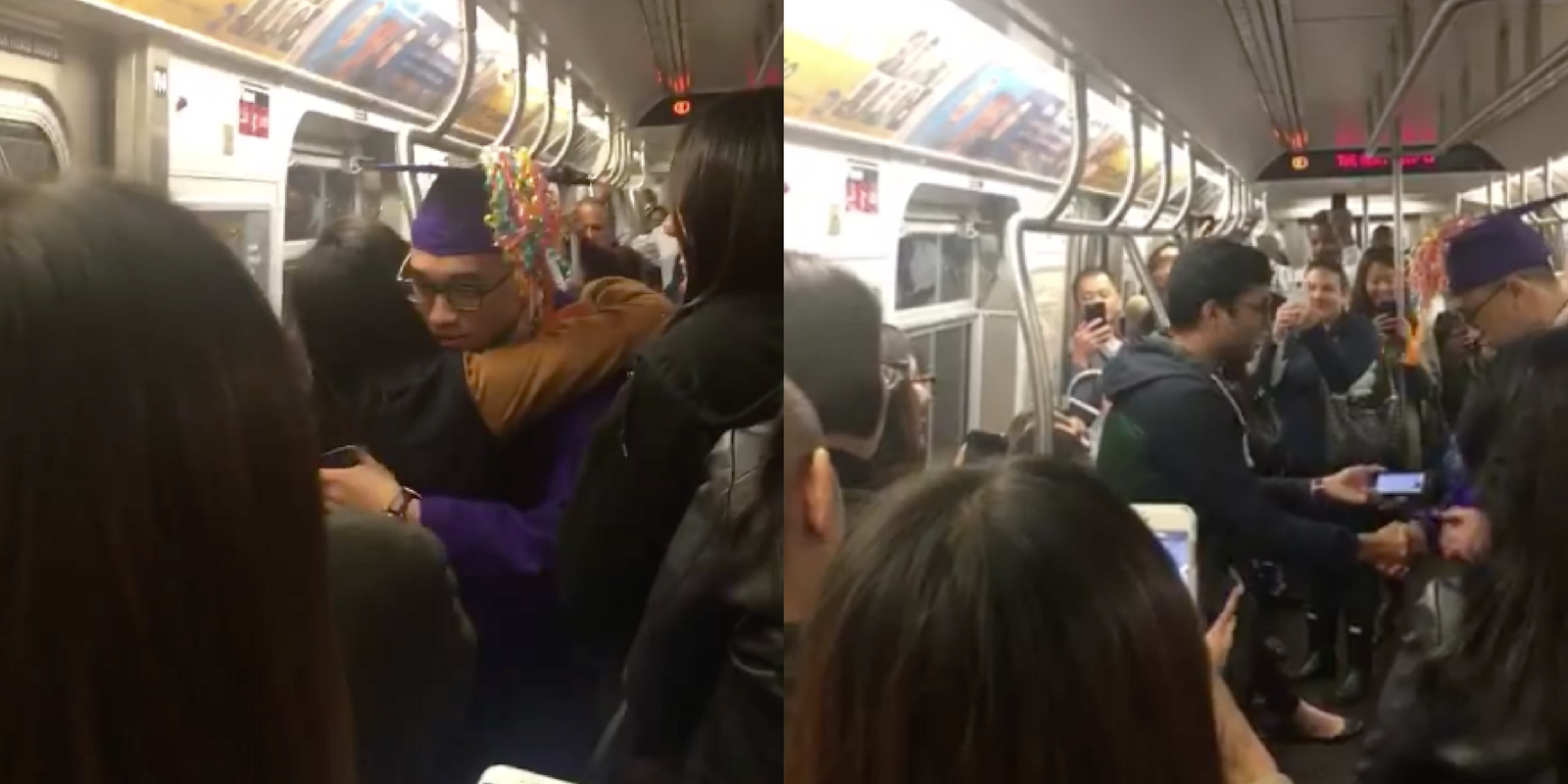 Video screengrabs from a mock graduation ceremony on a subway