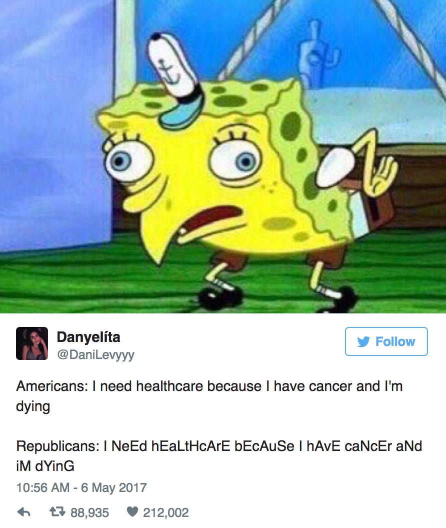 The same meme but with a caption about Republicans ridiculing healthcare