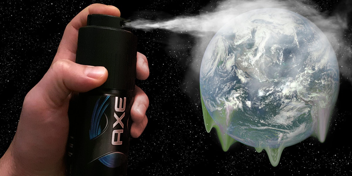 Spraying Axe body spray on Earth
