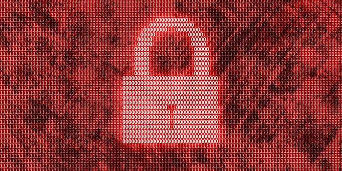 Padlock made from zeroes on a background of ones