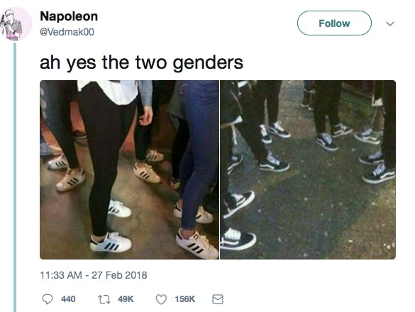 ah yes the two genders [photo of people wearing white adidas / photo of people wearing black Vans]