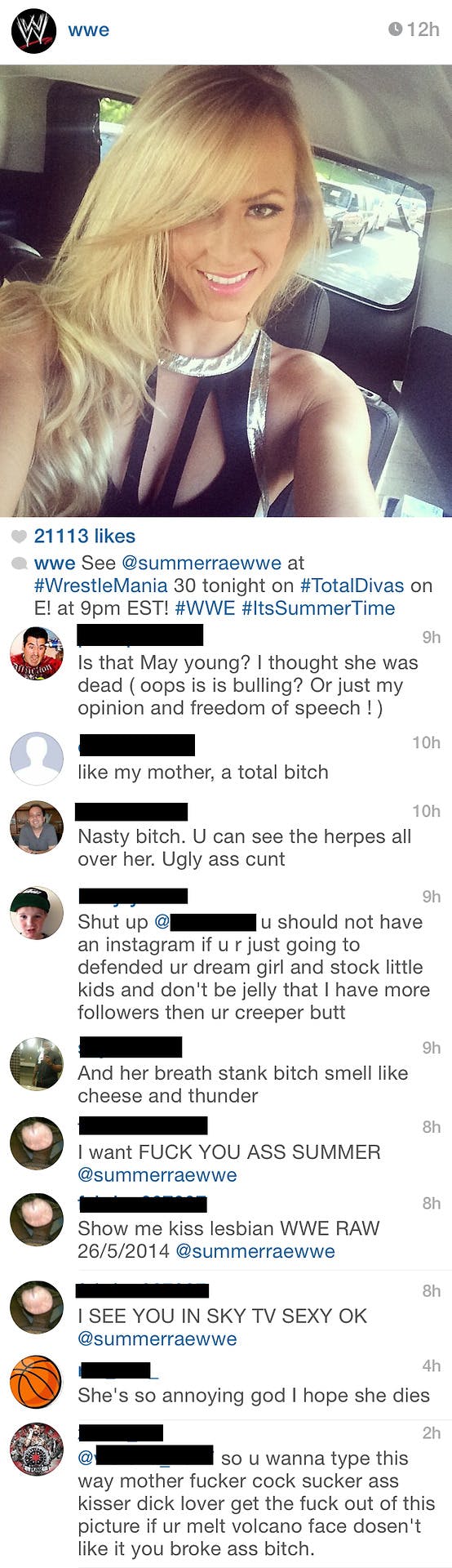 WWE wrestling sexism instagram comment