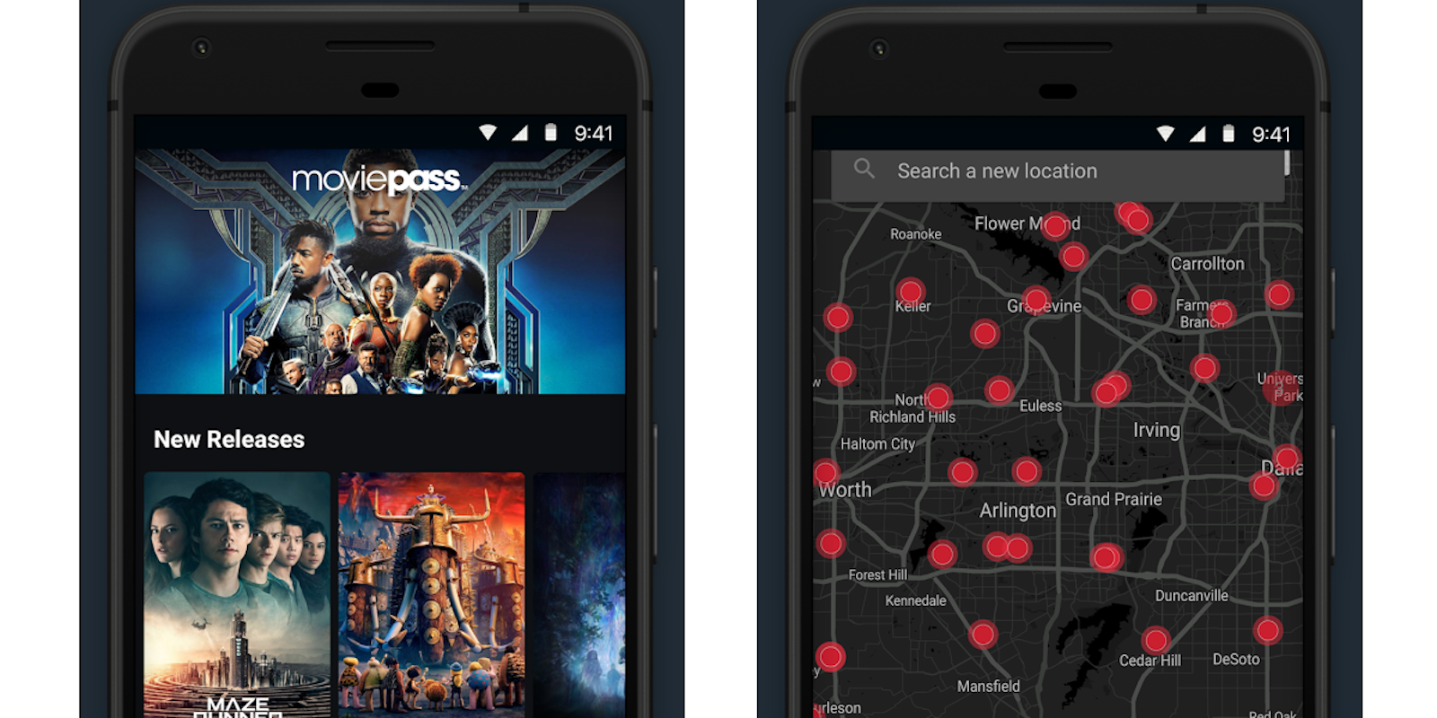MoviePass app screen grabs, main screen and theater locations