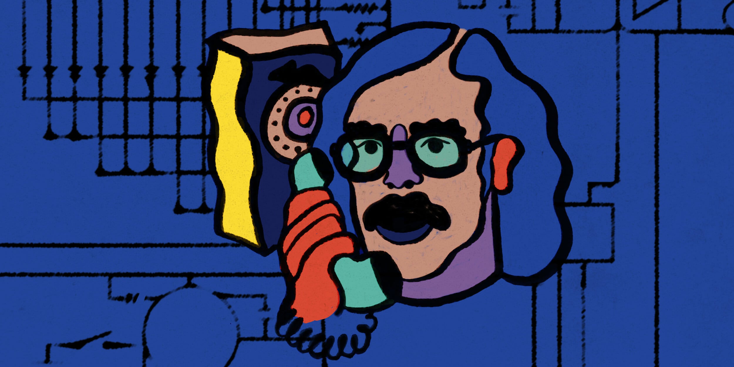 Illustration of John Draper (also known as Captain Crunch) using a rotary telephone.