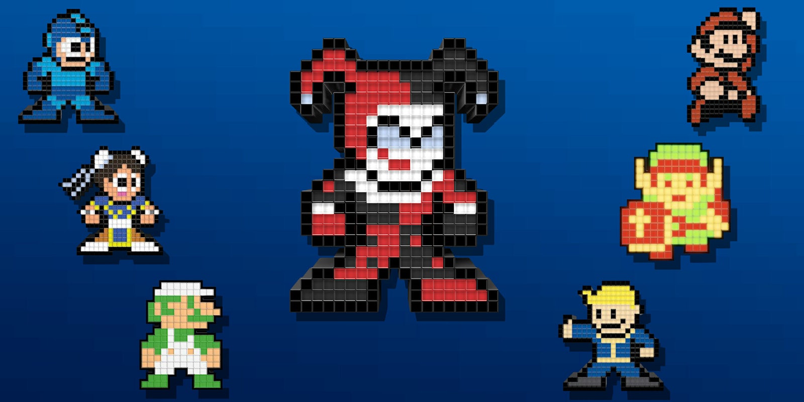 Mega Man, Chun-Li, Luigi, Mario, Link, Fallout Vault Boy, and Harley Quinn Pixel Pals 8-bit renderings