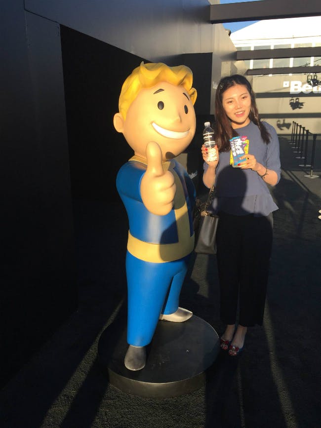 As always, Vault Boy stands ready to greet visitors to a Bethesda Softworks event.