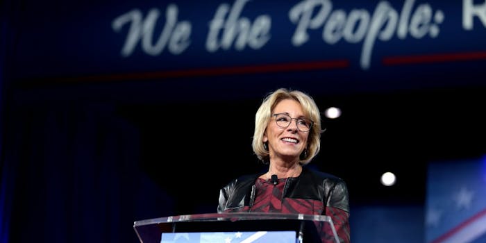 U.S. Secretary of Education Betsy DeVos speaking at the 2017 Conservative Political Action Conference (CPAC) in National Harbor, Maryland.