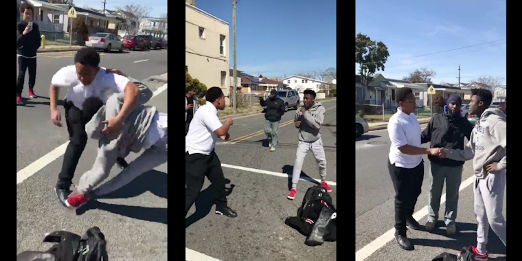 Screenshots from a video of man stopping fighting teens